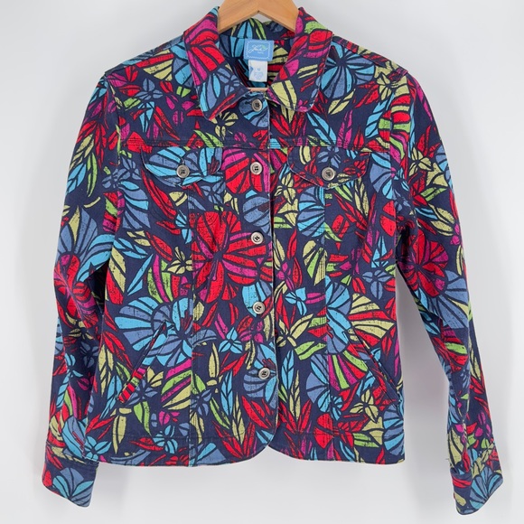 🌺 Multi-Color Floral Tropical Print Denim Jacket Resort Wear Vacation Chic Sz 12 - Picture 3 of 15